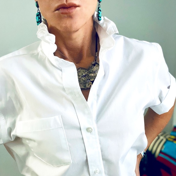 Classic Short Sleeve Ladies' Reworked White Shirt with Ruffles - Picture 1 of 12